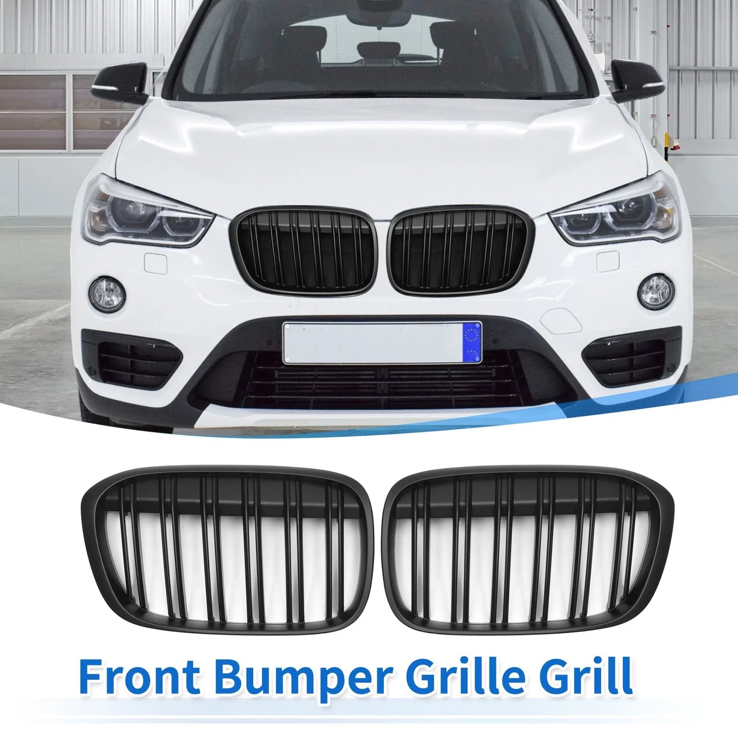 1 Pair Front Upper Bumper Grille for BMW X1 Matte Black (2016 - 2022)