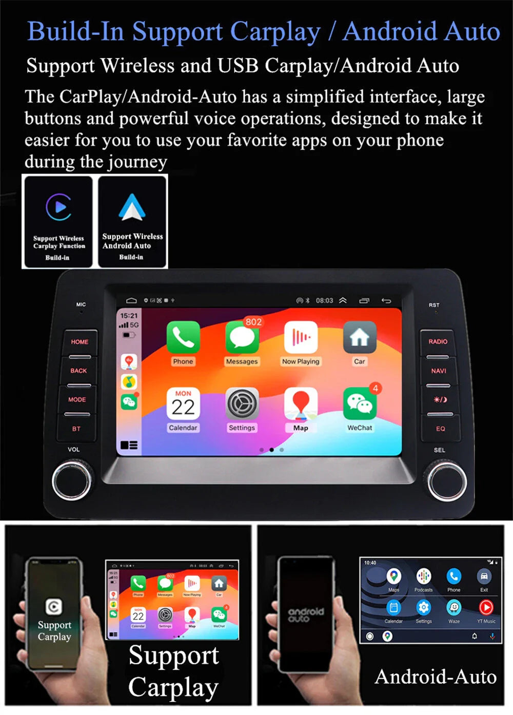 7'' Carplay Android Stereo GPS Navigation for Fiat Panda (2003-2012)