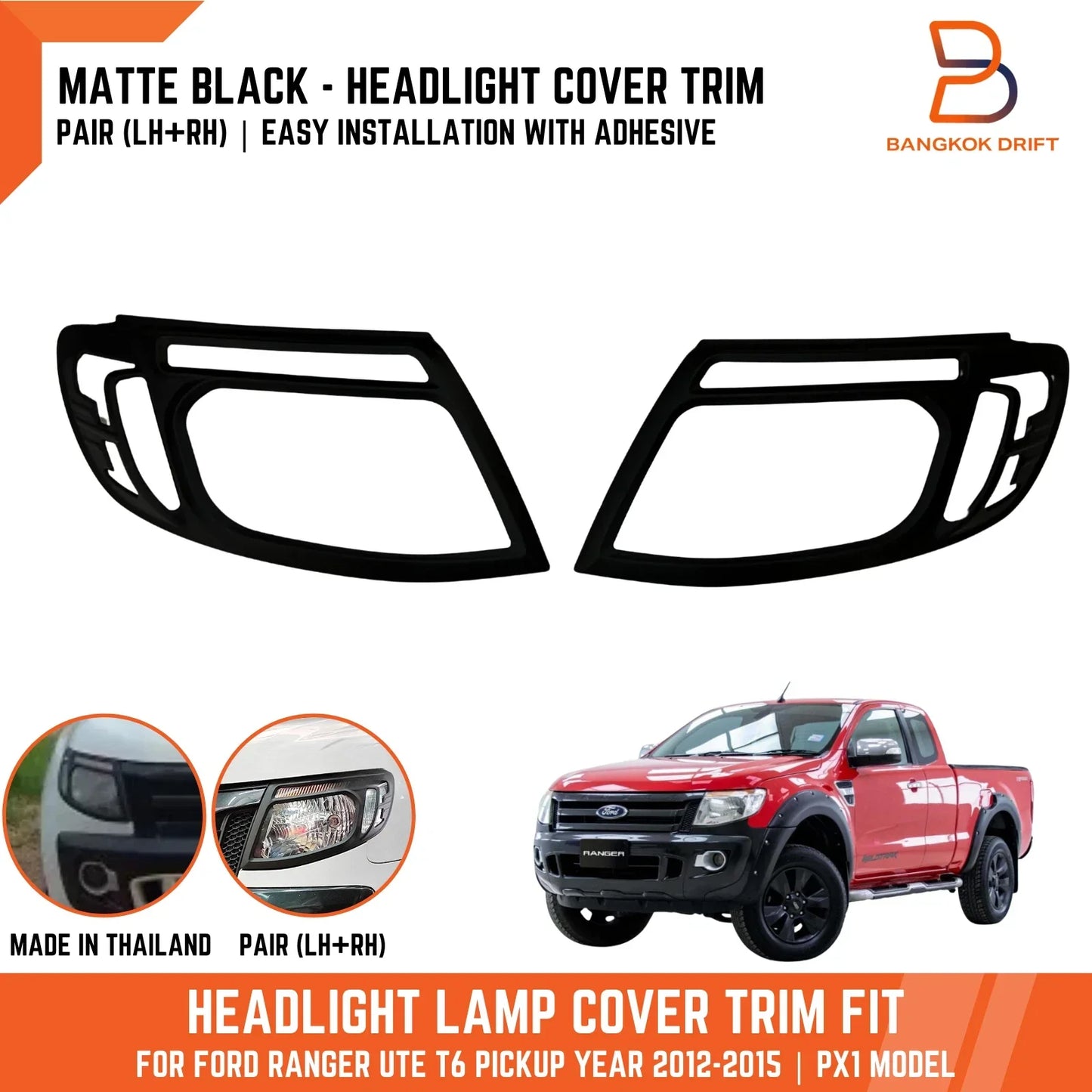 Matte Black Headlight Lamp Cover Trim for Ford Ranger UTE (2012-2015)