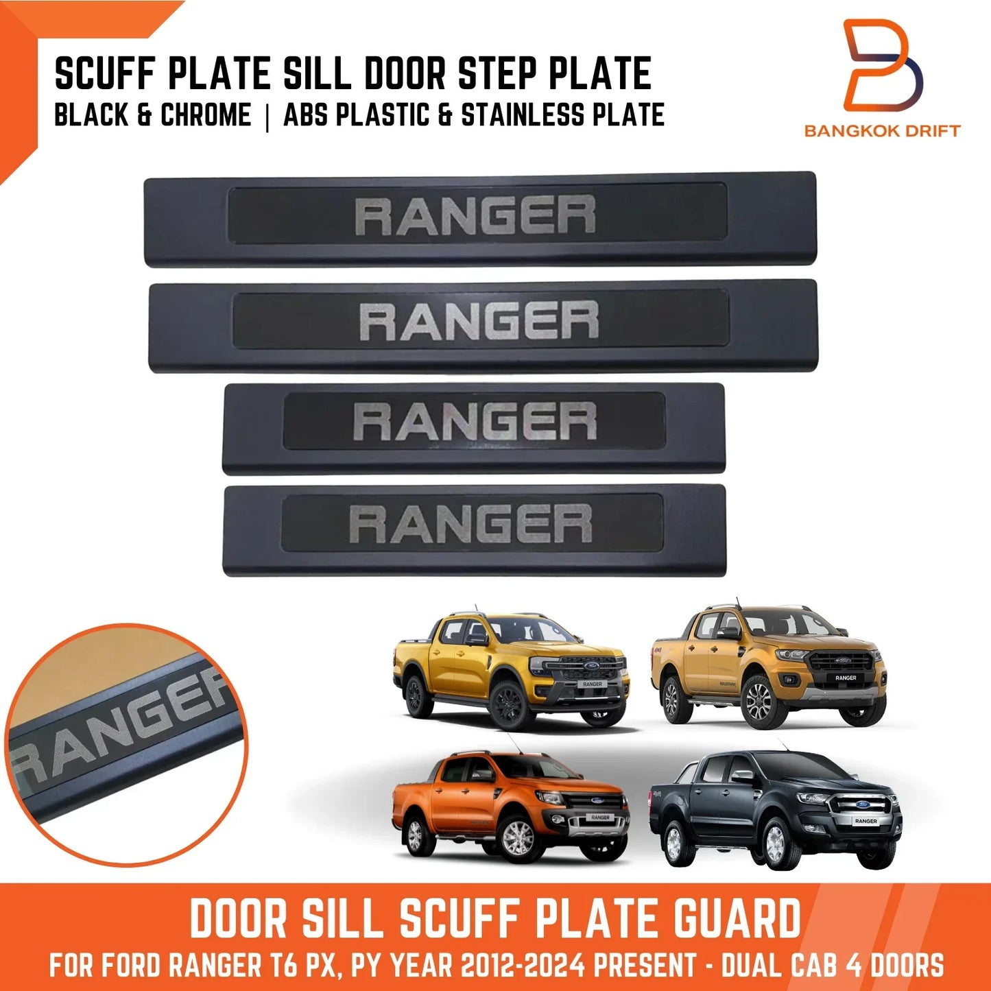 4x Black Stainless Door Step Protectors for Ford Ranger Wildtrak Sport (12-25)
