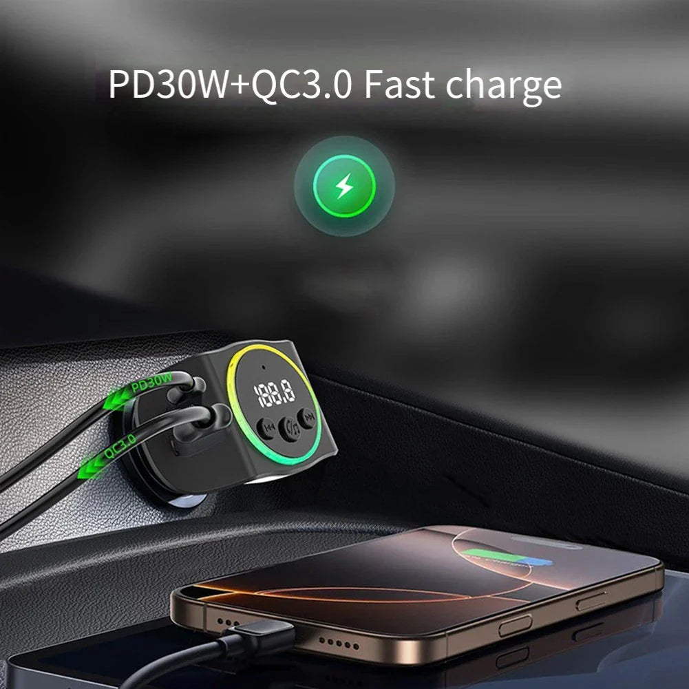 Portable Car Charger with FM Transmitter and Romantic Lighting for Night Drives