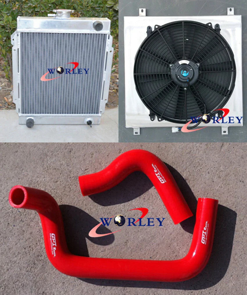 3 Row Aluminum Radiator & Fan & Red Hose for Datsun 1200 B110 (1970-1976)
