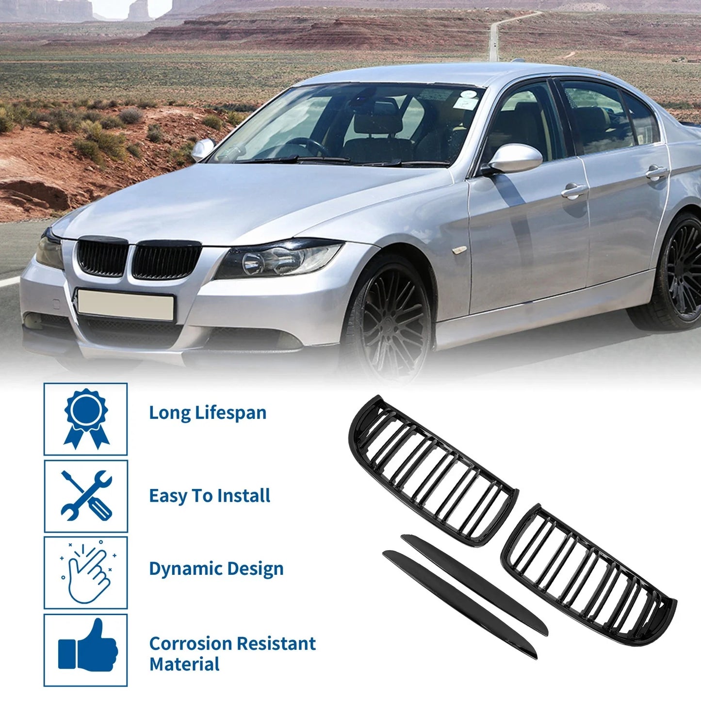 Front Kidney Grille Gloss Black 4 Door for BMW E90 (2005-2008)