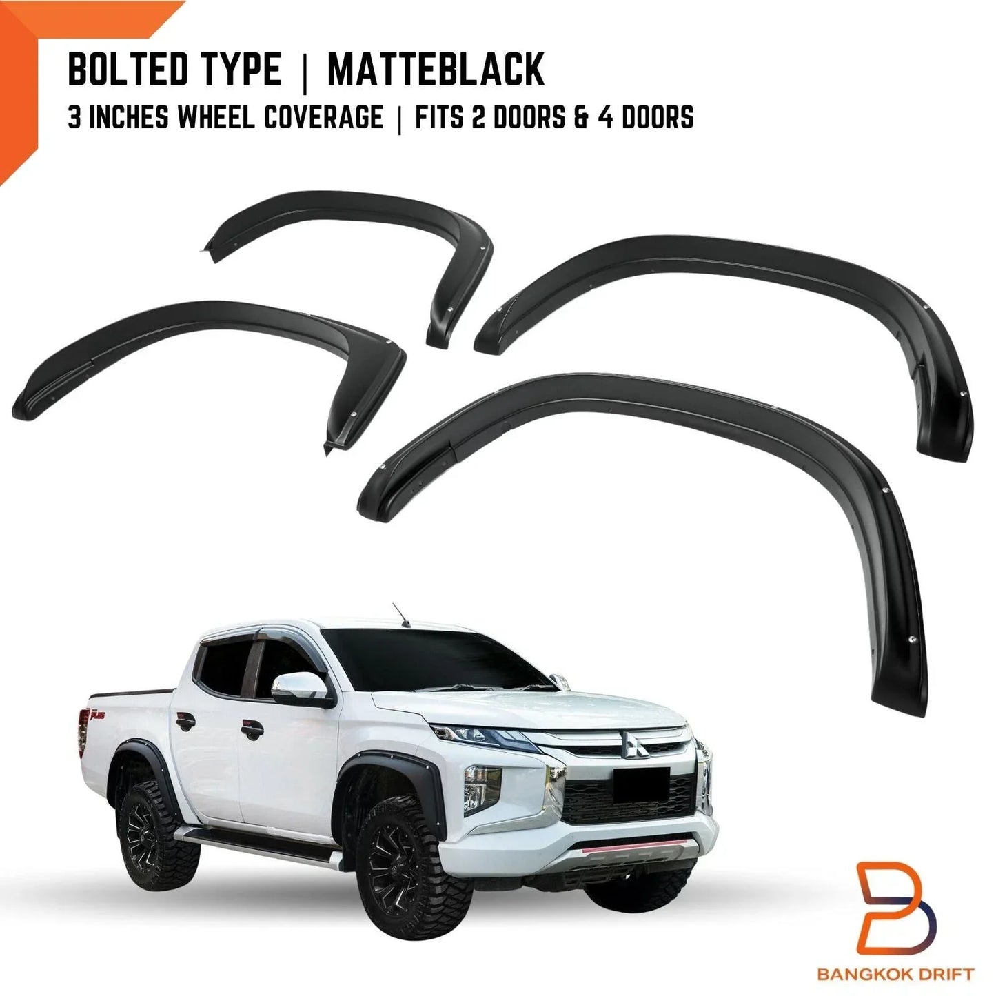 3" Matte Black Bolted Fender Flares for Mitsubishi Triton Ute (2019-2023)
