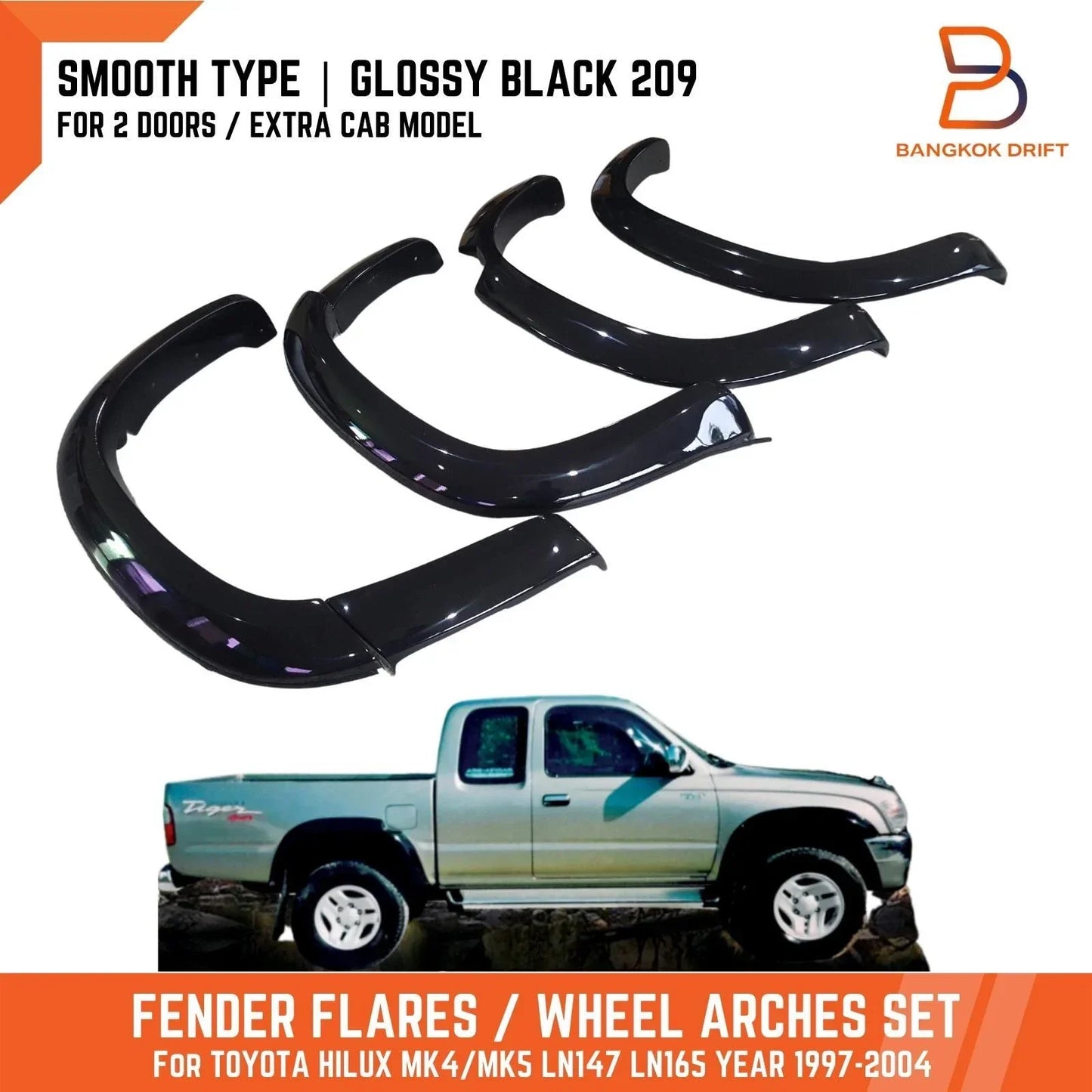 Glossy Black Fender Flares for Toyota Hilux (1997-2005)