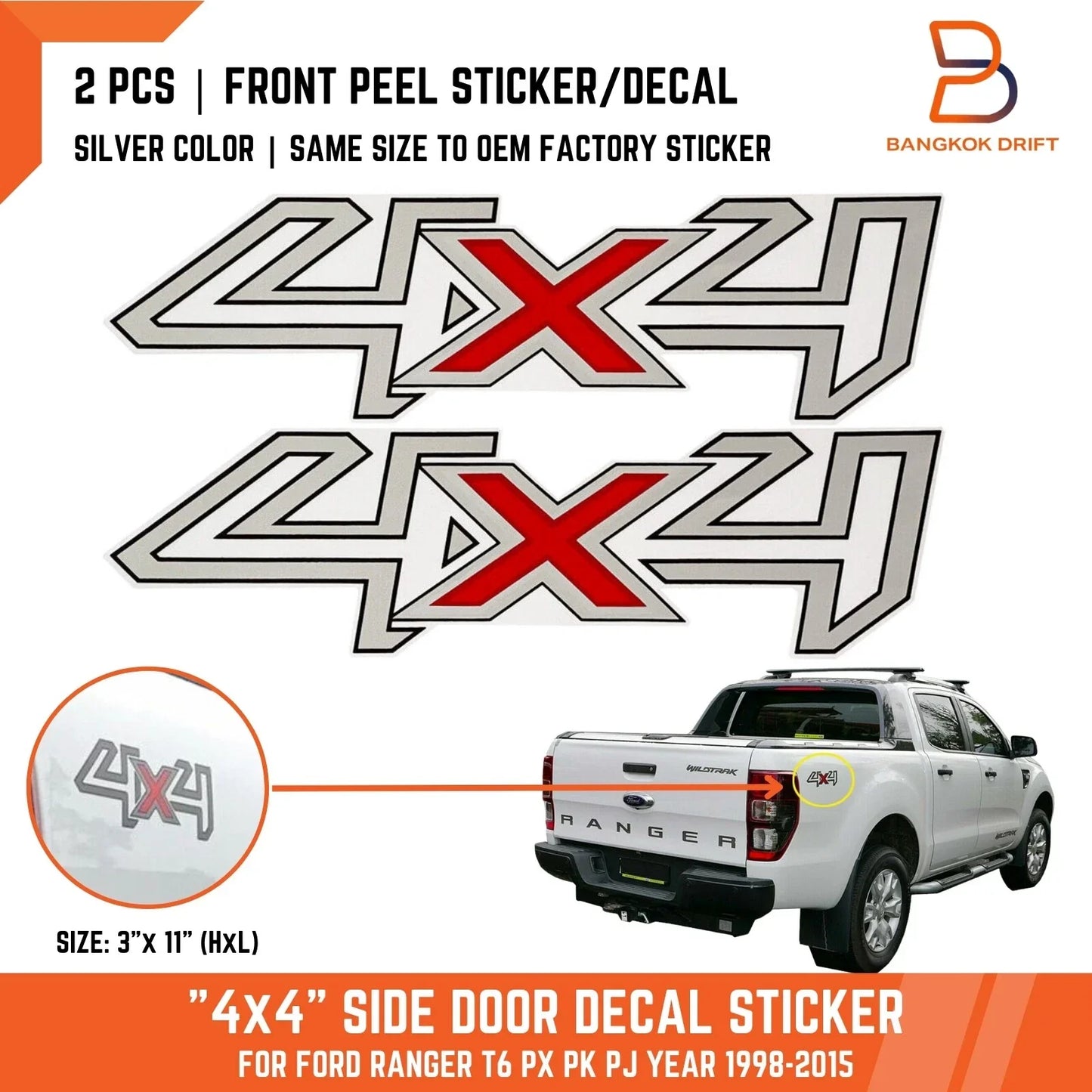 Silver 4x4 Side Rear Decal Sticker for Ford Ranger (1998-2015)