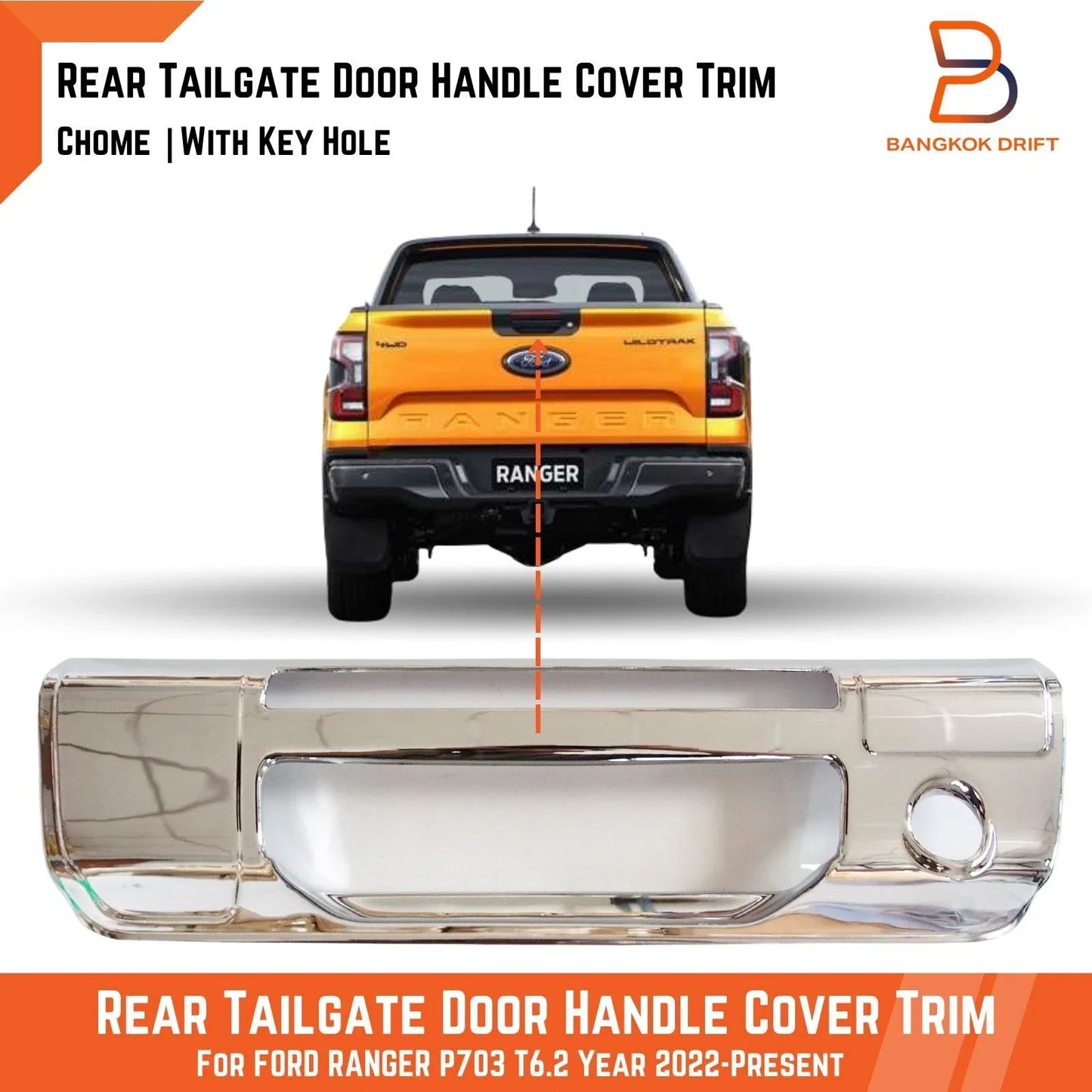 Chrome Rear Tailgate Handle Cover Insert for Ford Ranger (2022-2023)