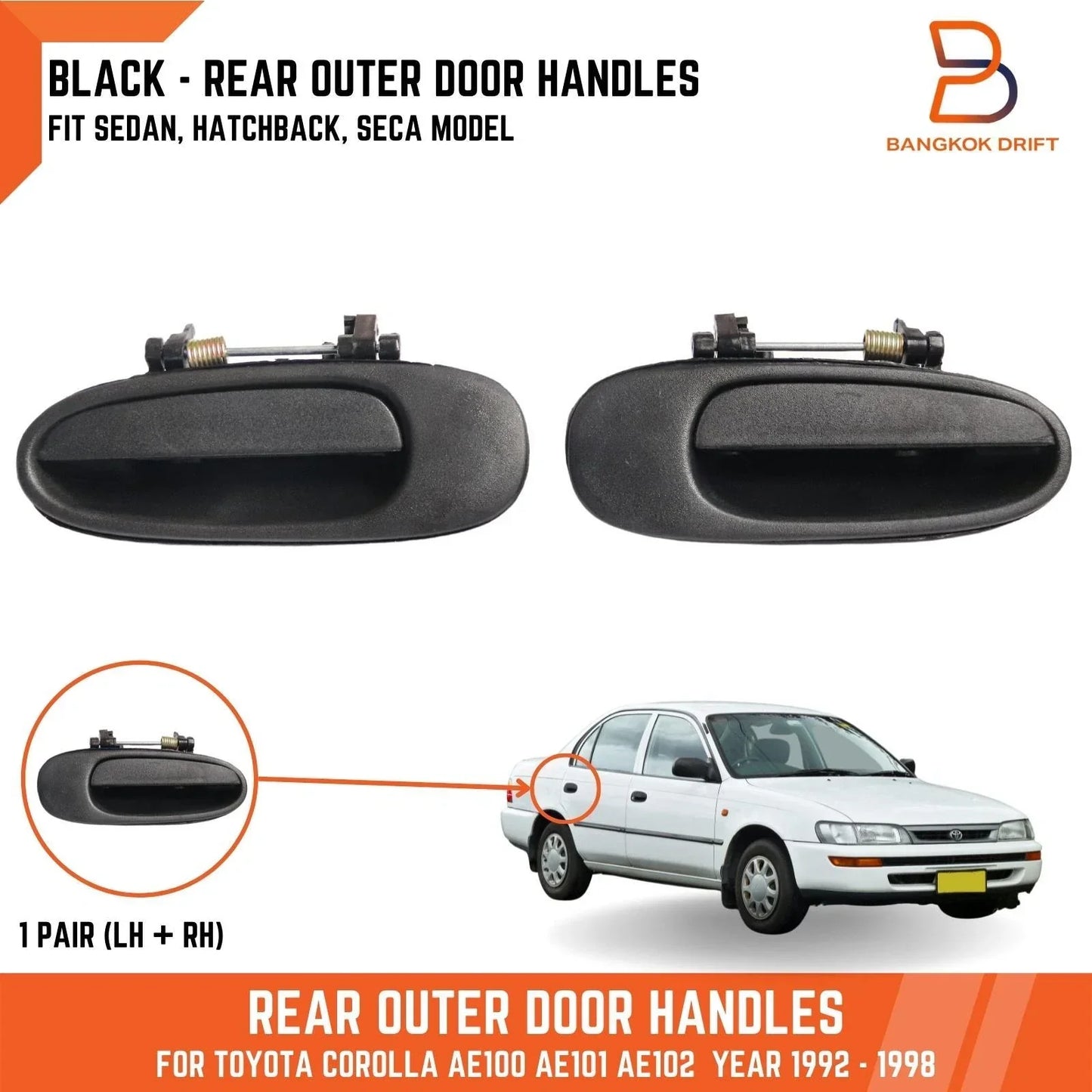 Black Rear Outer Door Handles for Toyota Corolla (1992-1998)