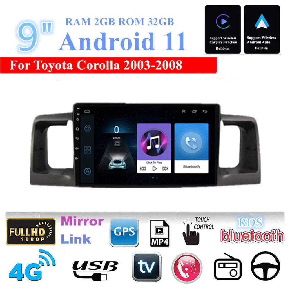 9" Android 11 Stereo Radio 32GB GPS for Toyota Corolla (2003-2008)