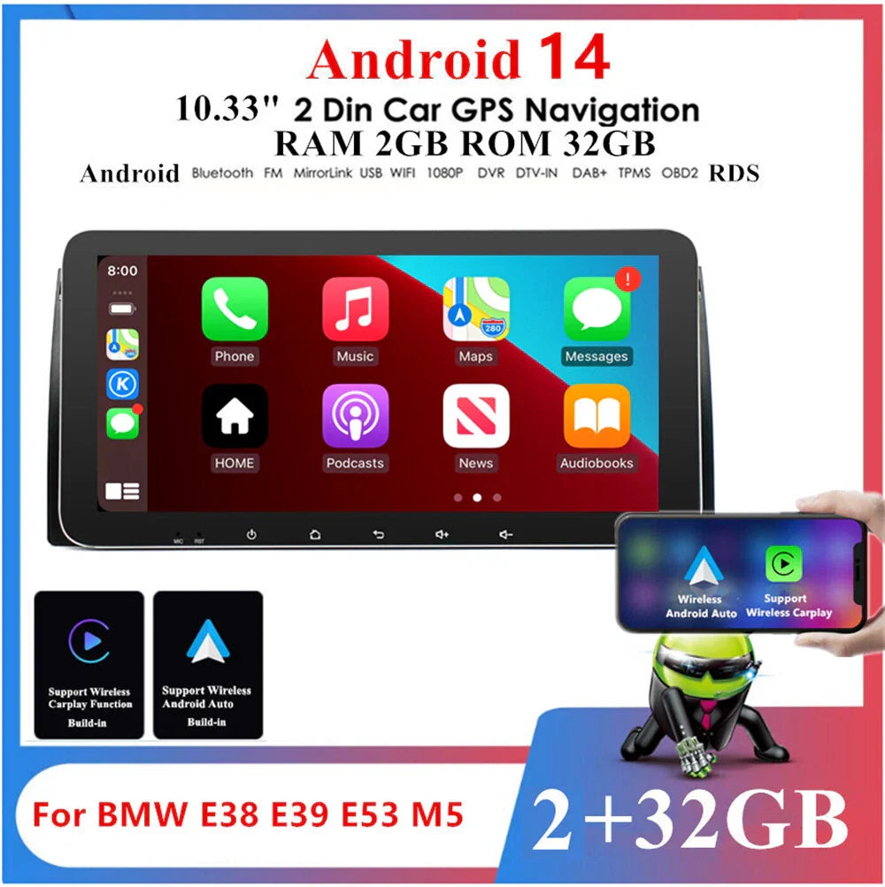 10.33'' Car Stereo Radio with Carplay GPS for BMW E38 E39 E53 M5 X5 (1995-2006)