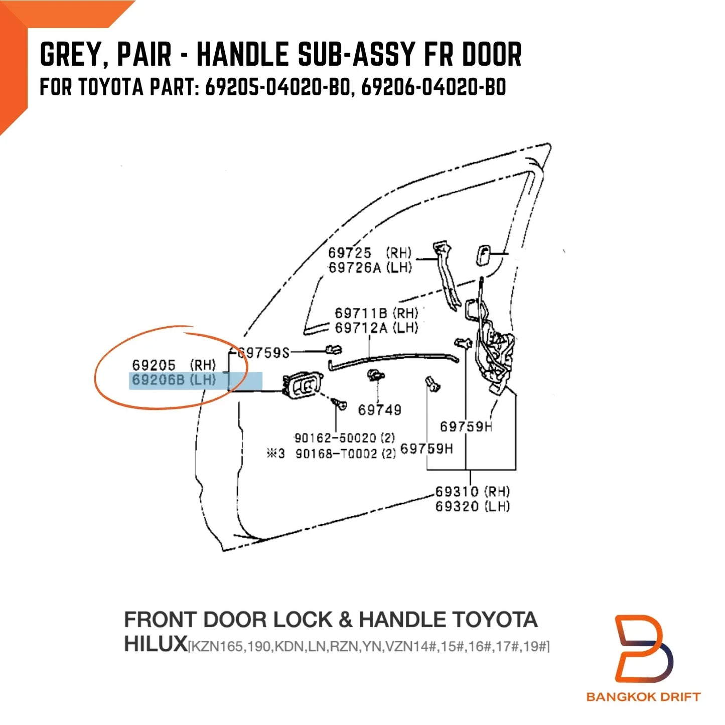Grey Inner Front Door Handle Pair for Toyota Hilux (1997-2004)