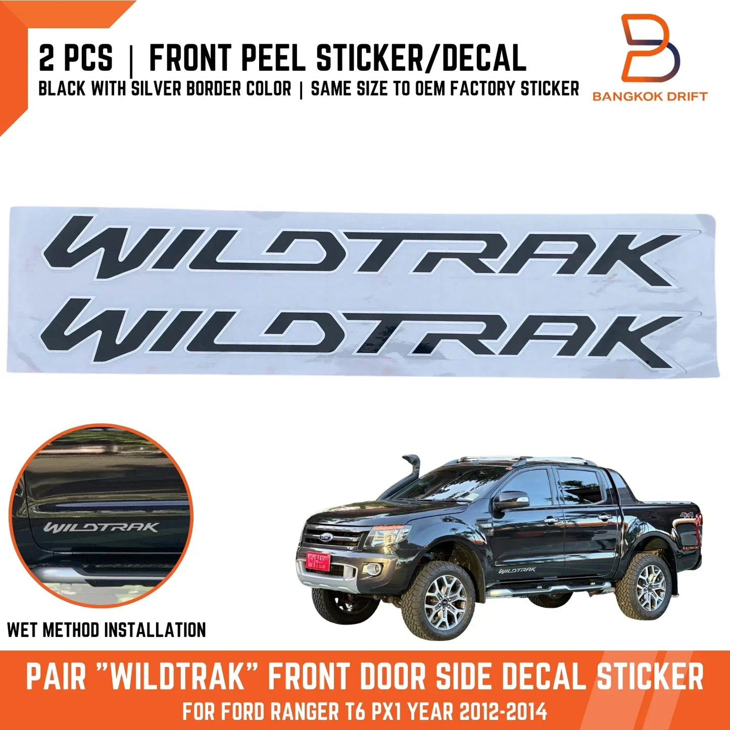 Wildtrak Side Body Decal Kit Black & Silver for Ford Ranger Ute (2012-2014)