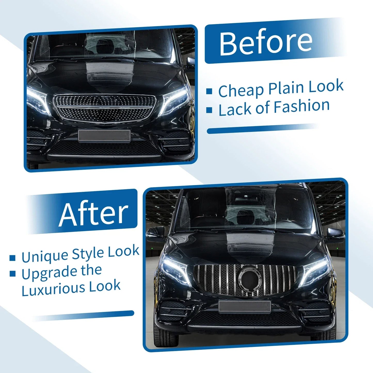 Front Upper Bumper Grille for Mercedes-Benz V-Class (2014-2023) Chrome Silver