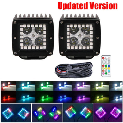 3" Spot Cube Pods LED Work Lights w/Chasing RGB Angel Eyes for Car