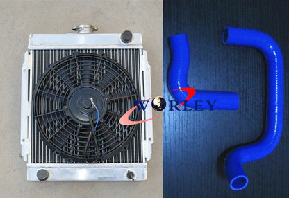 3 Row Aluminum Radiator + Fan + Blue Hose for Datsun 1200 (1970-1976)