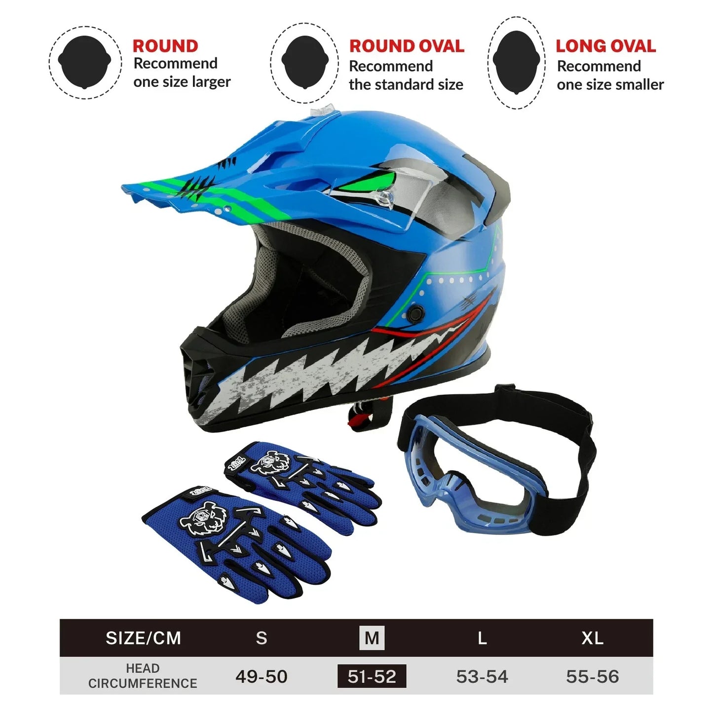 Youth ATV Helmet Goggles Gloves DOT Full Face Off Road UTV Motocross Blue