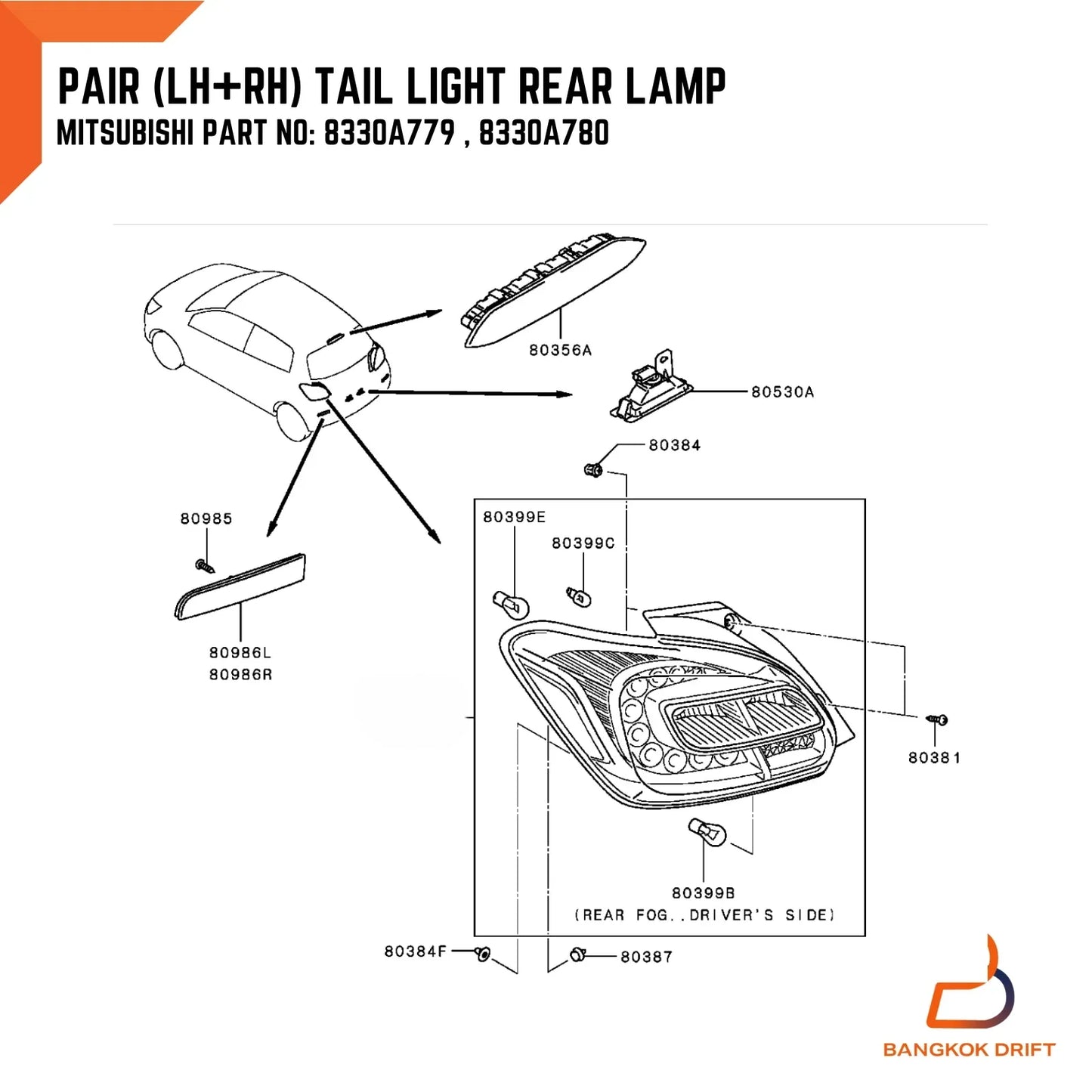Pair Tail Lamp Rear Light for Mitsubishi Mirage Hatchback (2012-2017)
