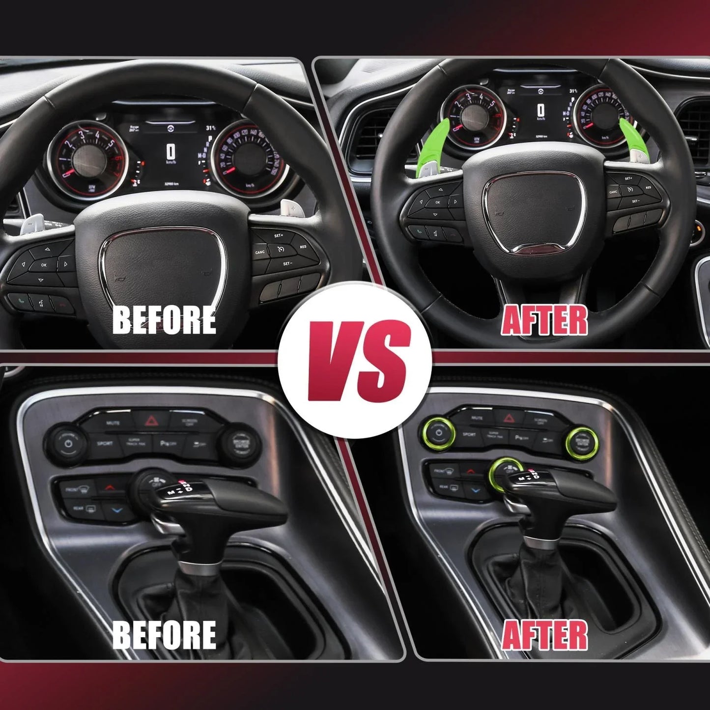Green Steering Paddle Shifter & AC Volume Knob Cover Ring Trim for Dodge Charger