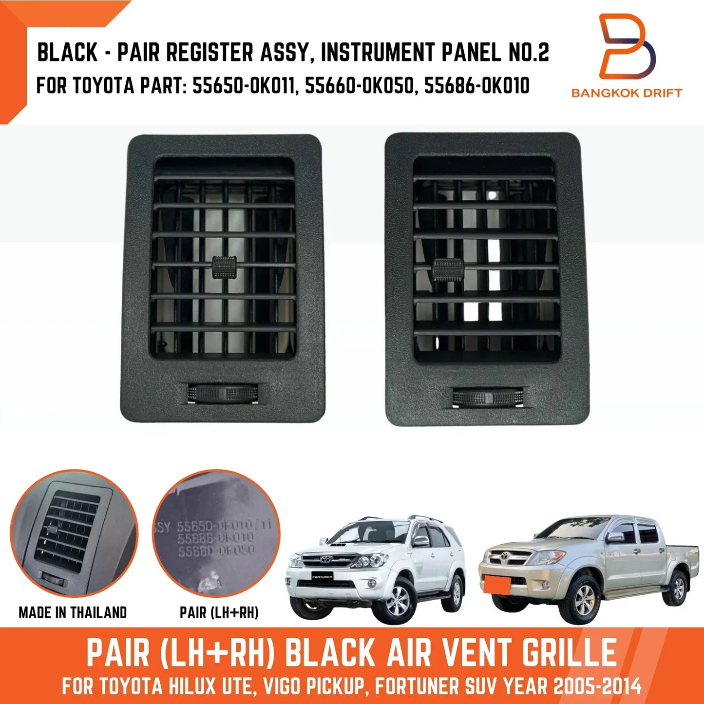 BLACK  LH+RH AIR A/C VENT GRILLES for TOYOTA HILUX UTE VIGO (2005-2014)
