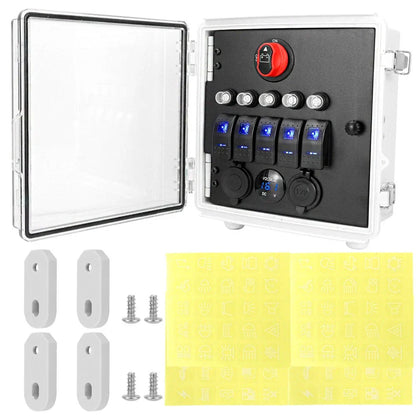 5 Gang Rocker Switch Box w/ Waterproof Cover & USB Charger for Car - 79 Characters