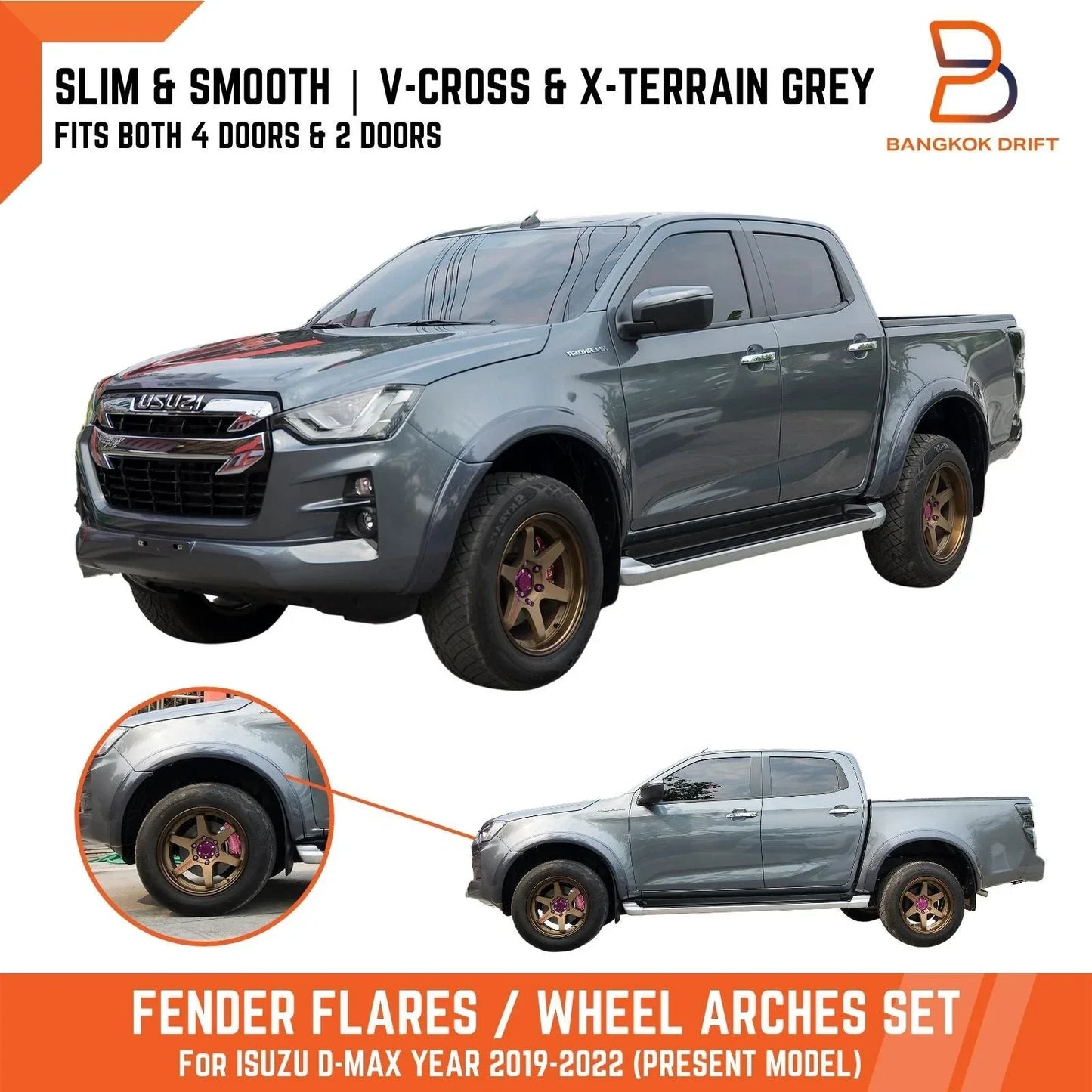 3" Grey Slim Fender Flares for Isuzu D-Max Dmax Ute (2020-2023)