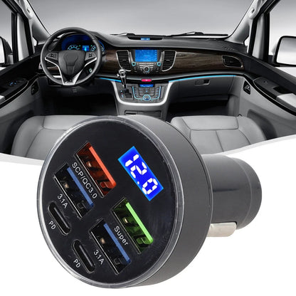 6-Port Car Charger with LED Display and USB Outputs for Vehicles