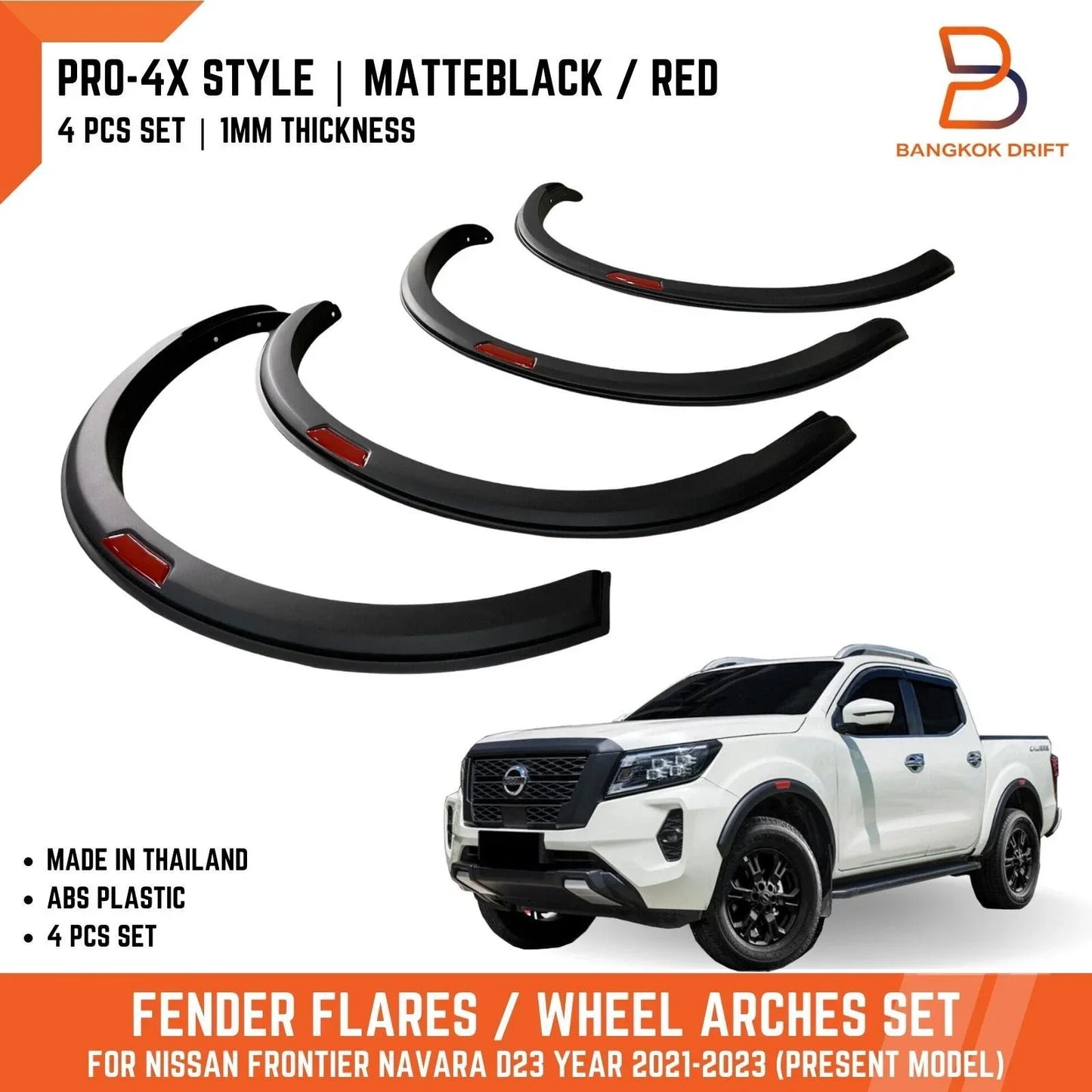 3" Matte Black Red Fender Flares for Nissan Navara D23 (2021-2023)