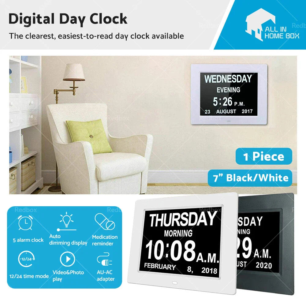 7" LED Digital Day Clock Calendar Wall for Dementia - Time, Date, Month (2023)