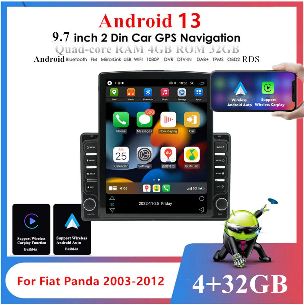 9.7" Android 13 Car Stereo GPS Navigation for Fiat Panda (2003-2012)