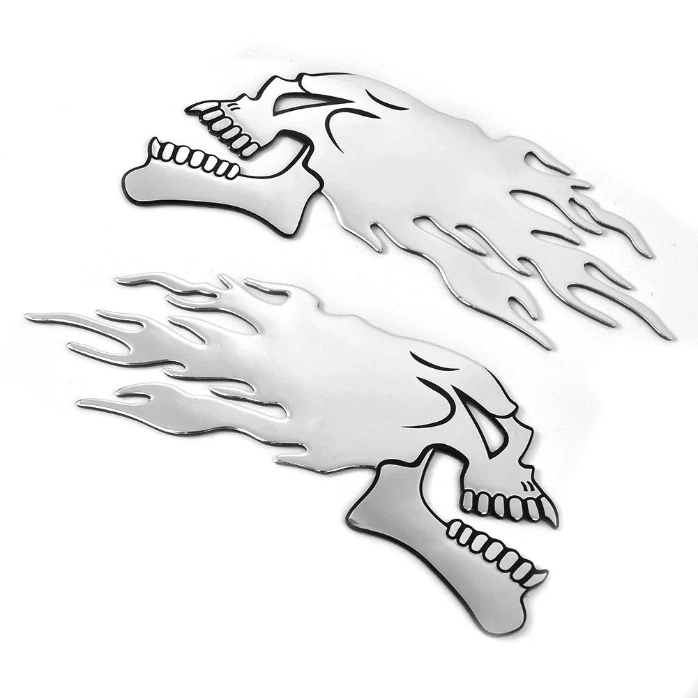 2 x Motorbike 3D Car Sticker Badge Body Decal Motorcycle Skull Silver for Motorbike