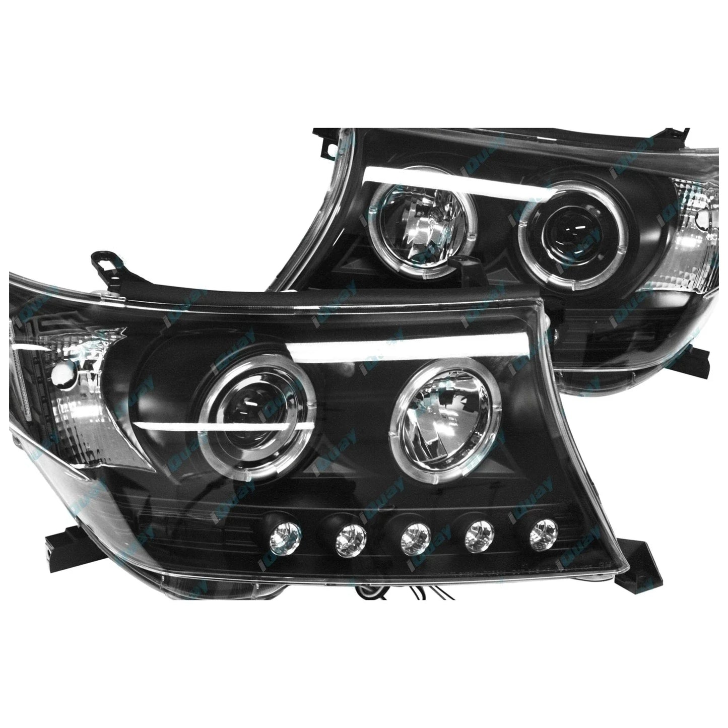 2 x Headlights for Toyota Landcruiser 200 Series Angel Eye Projector BLACK