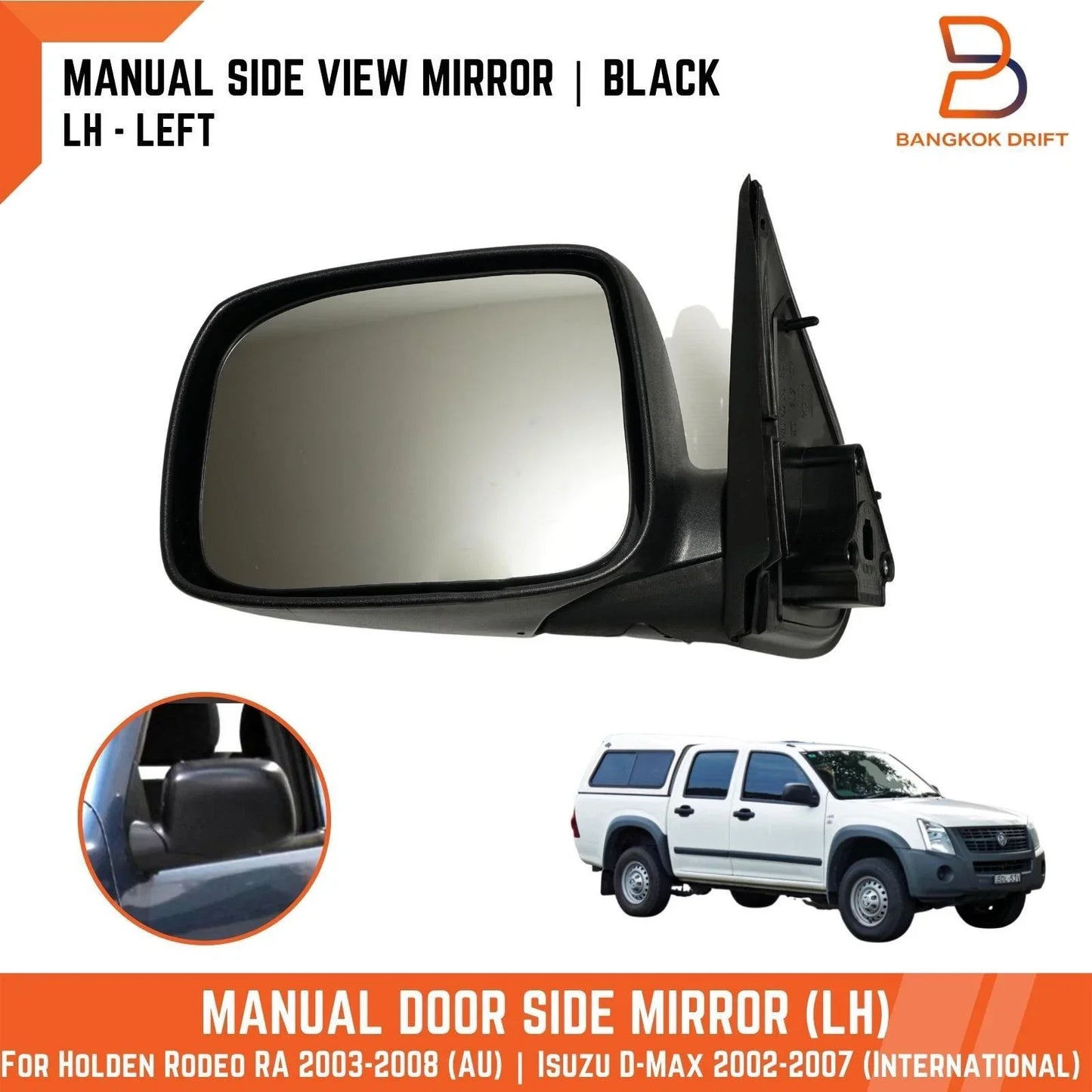 Left Black Manual Door Side Mirror for Holden Rodeo (2003-2008)