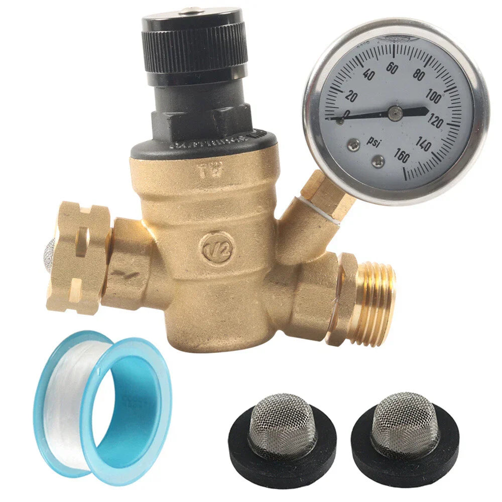 Adjustable RV Water Pressure Regulator Valve w/ Gauge for Camper