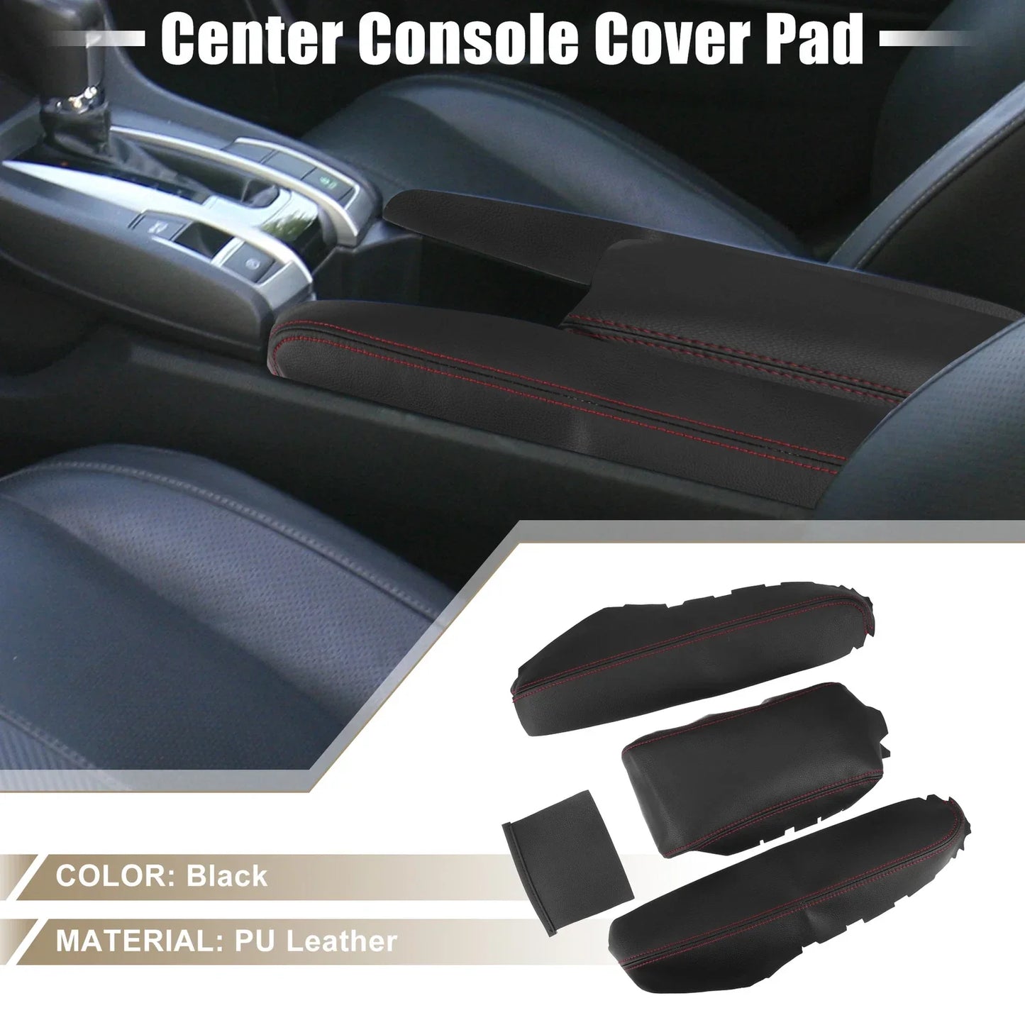 Black Armrest Protector Cover Pad with Red Stitches for Honda Civic (2016-2021)