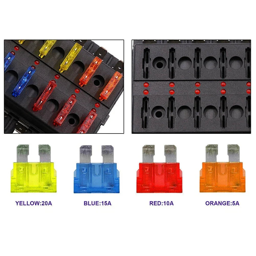 10 Way Circuit ATO ATC Blade LED Fuse Box Block Holder for Car