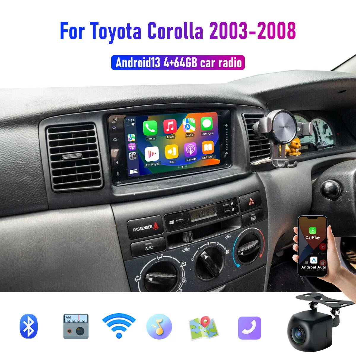 7" Wireless CarPlay Android Auto Stereo for Toyota Corolla (2003-2008)