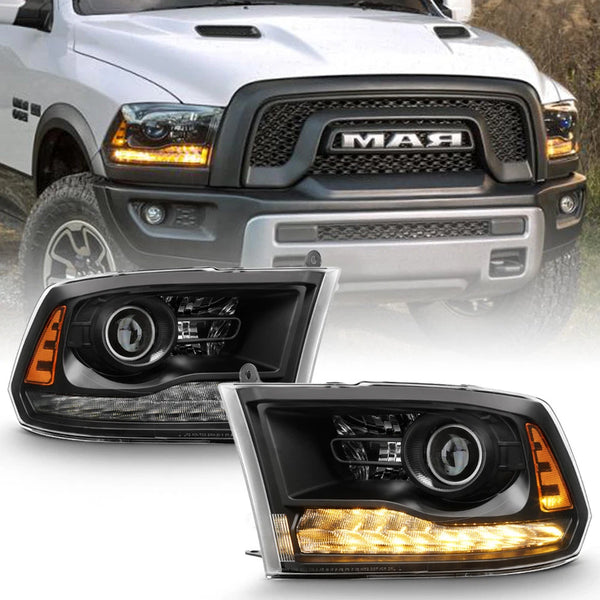 Black LED DRL Projector Headlights for Dodge Ram 1500 2500 3500 (2013-2018)