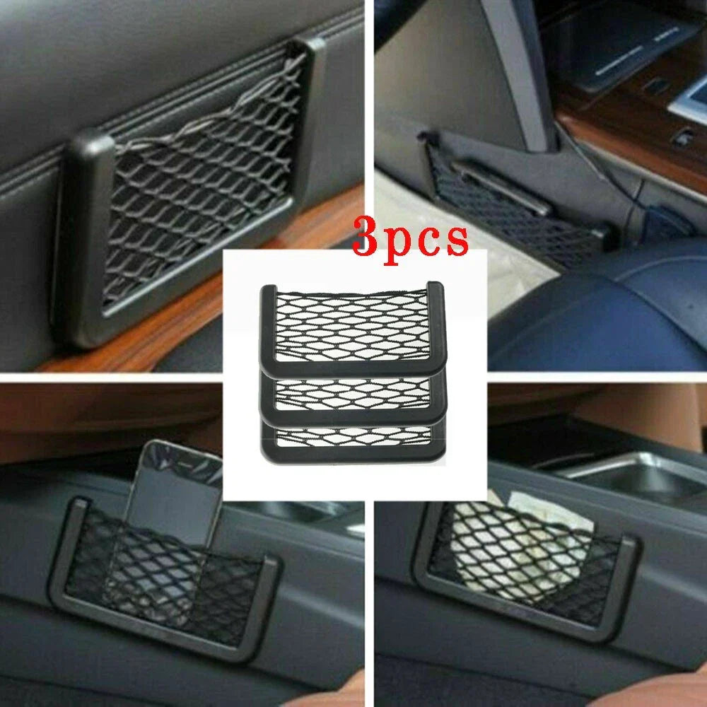 3 x Car Seat Side Back Storage Net Bag Phone Holder Pocket Organizer Black