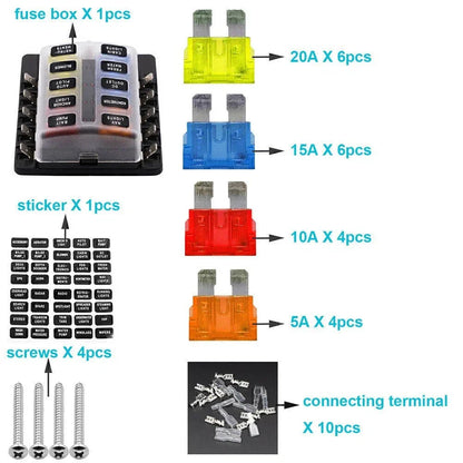10 Way Circuit ATO ATC Blade LED Fuse Box Block Holder for Car