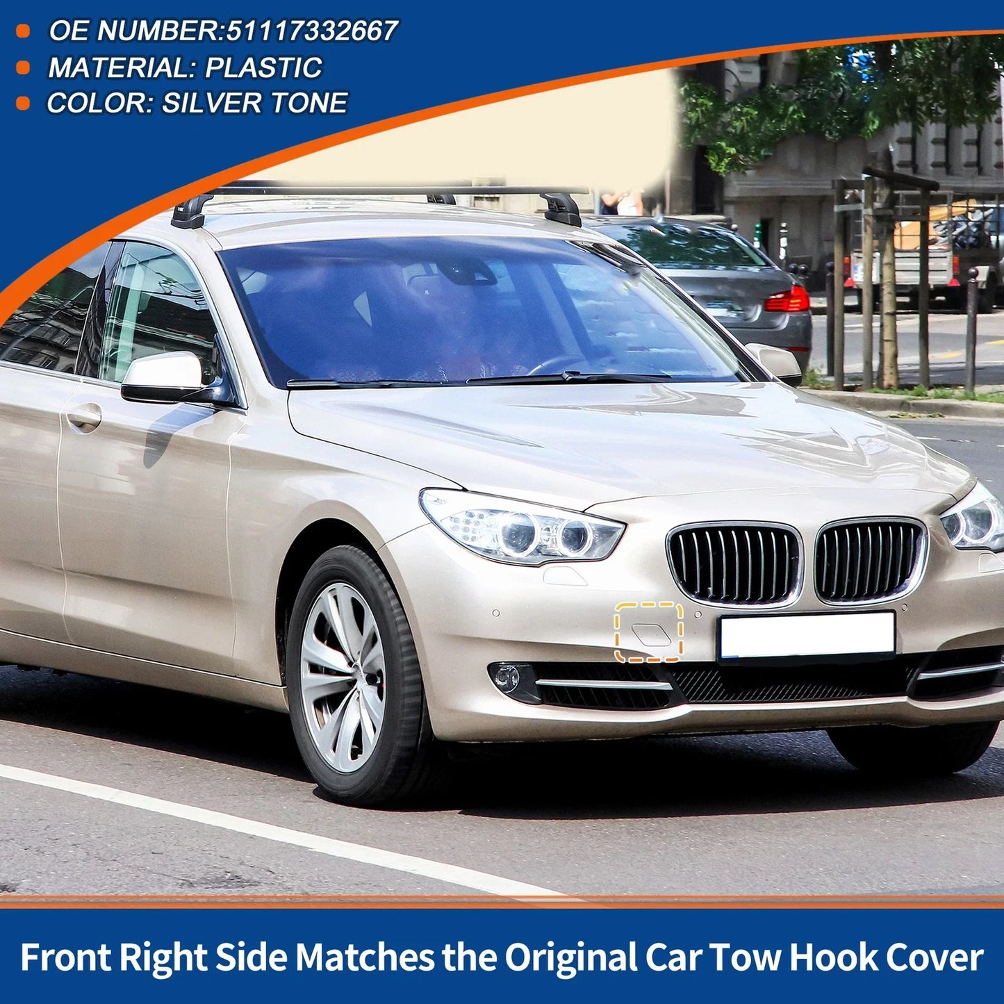 Tow Hook Cover Front Right for BMW 535i GT Silver Tone