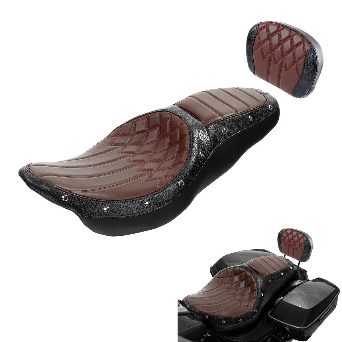 Brown Black Driver & Passenger Seat Backrest Pad for Harley Touring (2009-2023)