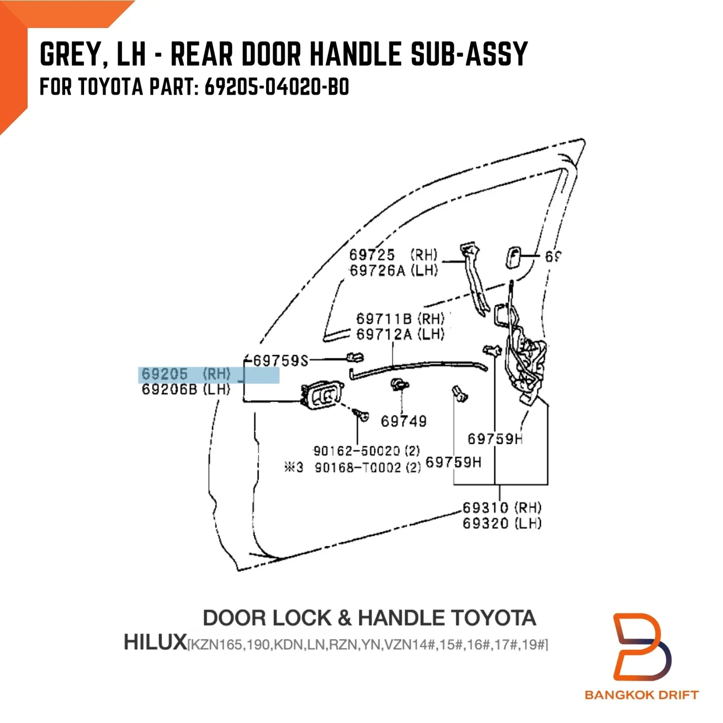 LH Grey Inner Rear Door Handle for Toyota Hilux Ute (1997-2004)