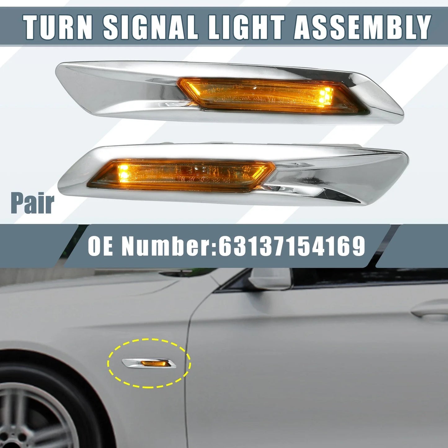 Side Marker Turn Signal Amber Lights for BMW 528i 535i 550i F10 Silver Tone