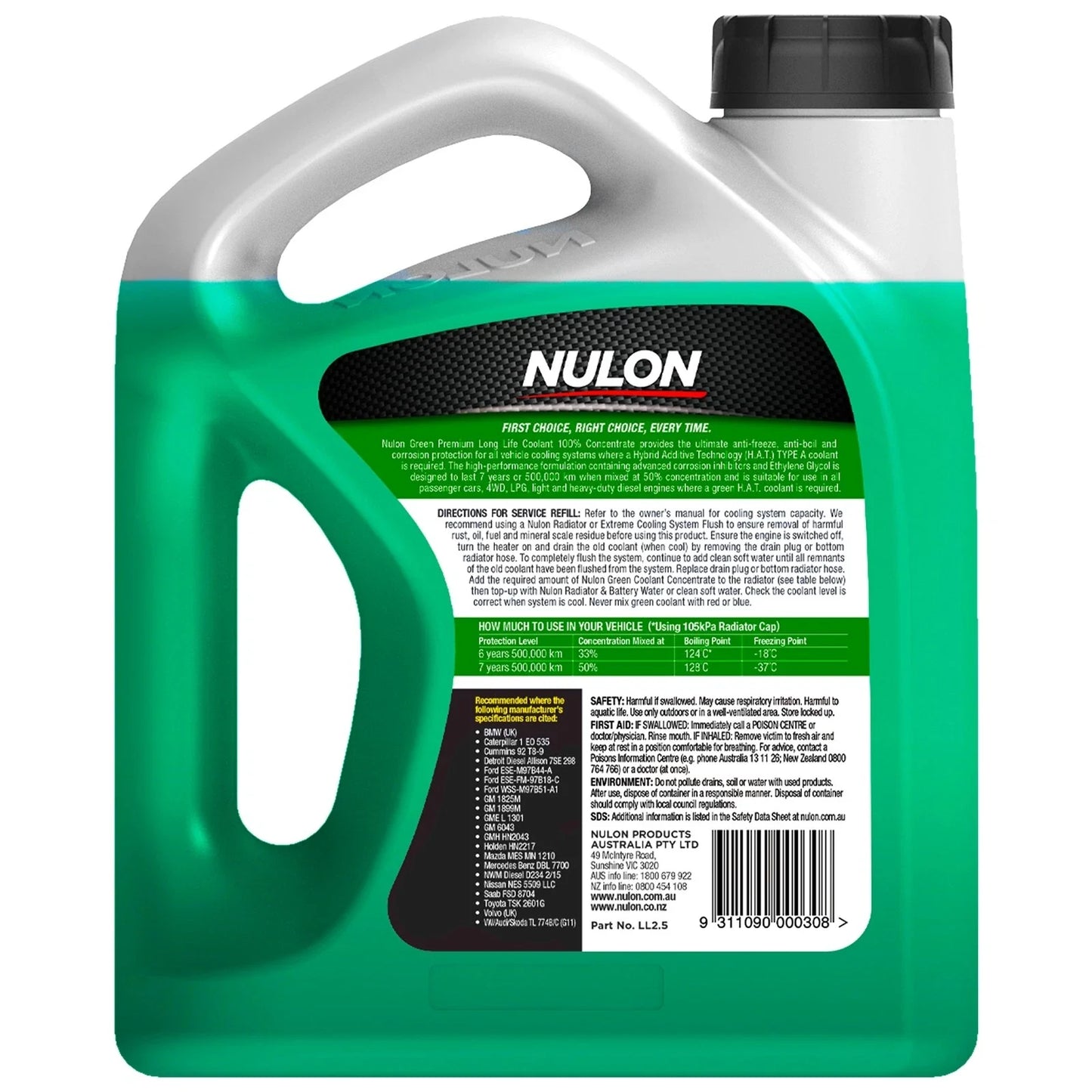 Nulon Green Premium Long Life Coolant 100% Concentrate 2.5L