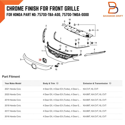 Chrome Front Grille Logo Emblem H for Honda Civic Sedan 2016-2021