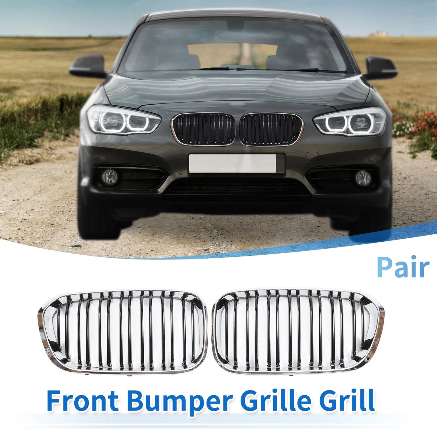 Front Upper Bumper Grille for BMW 1 Series F20 Chrome Silver Tone
