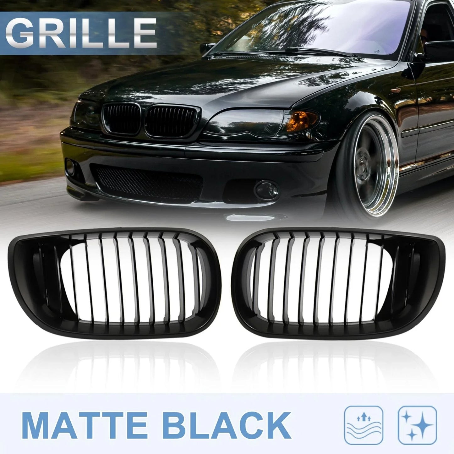 Front Upper Hood Bumper Grille Grill Pair for BMW 335i Signal Slat Matte Black