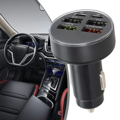 6-Port Car Charger with LED Display and USB Outputs for Vehicles