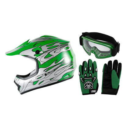 Youth Kids Dirt Bike ATV Helmet w/ Goggles & Gloves - White/Black/Red/Blue/Green