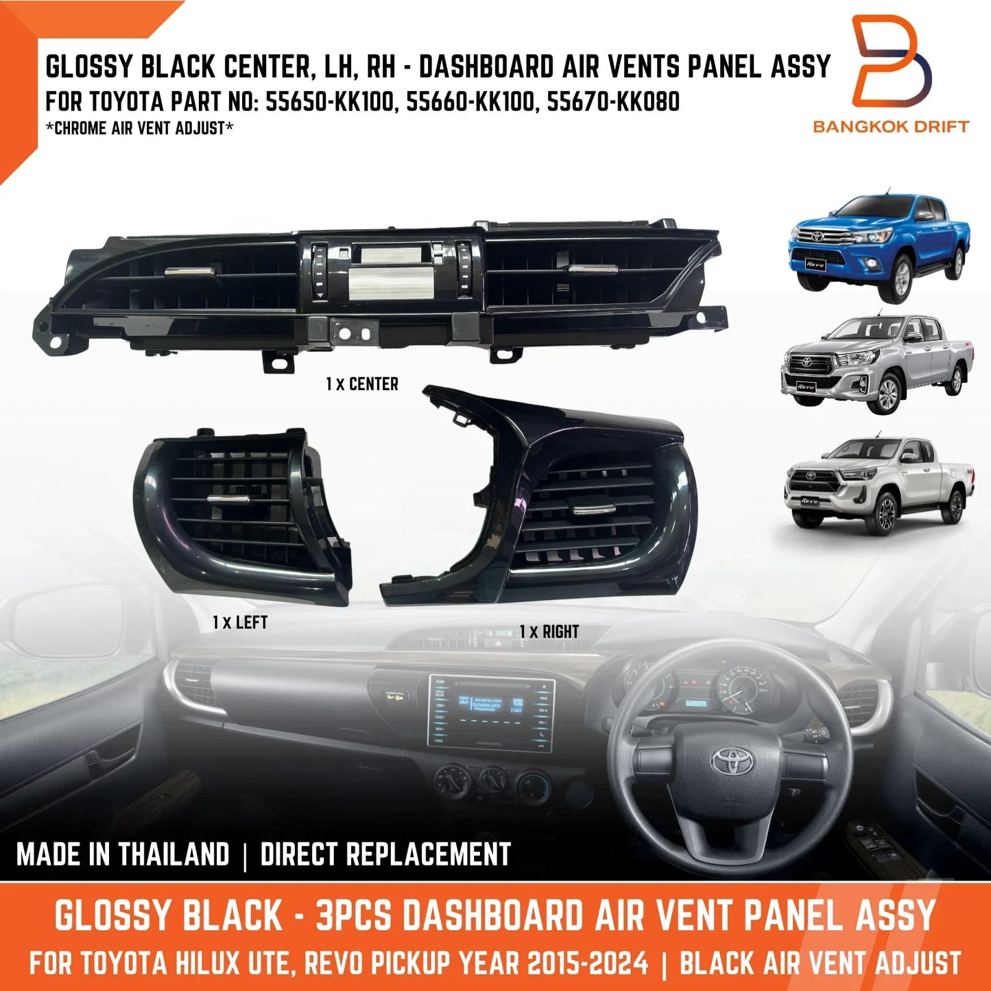 Glossy Black Dashboard Air Vents Panel for Toyota Hilux Revo (2015-2024)